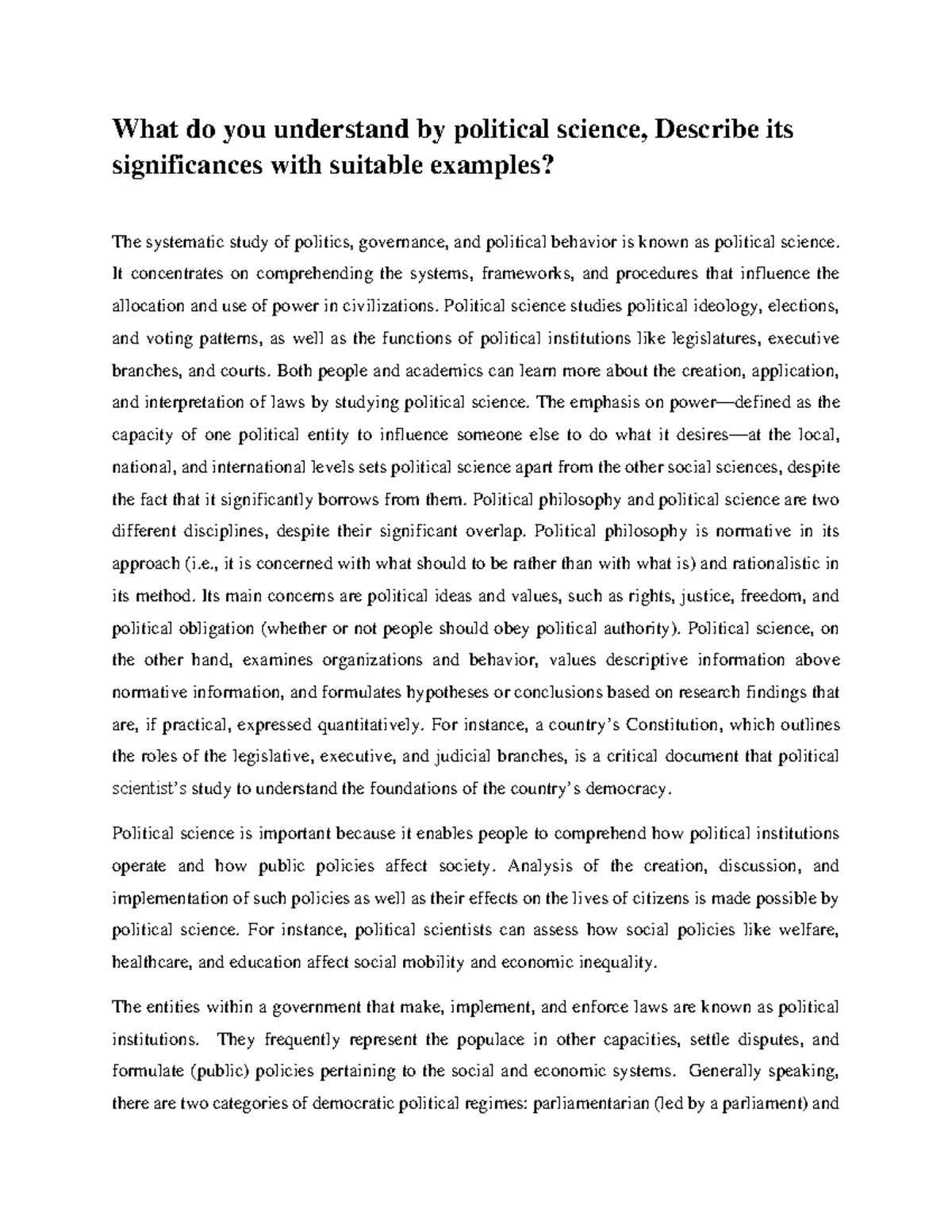 Understanding Political Science: Significance and Examples - Studocu