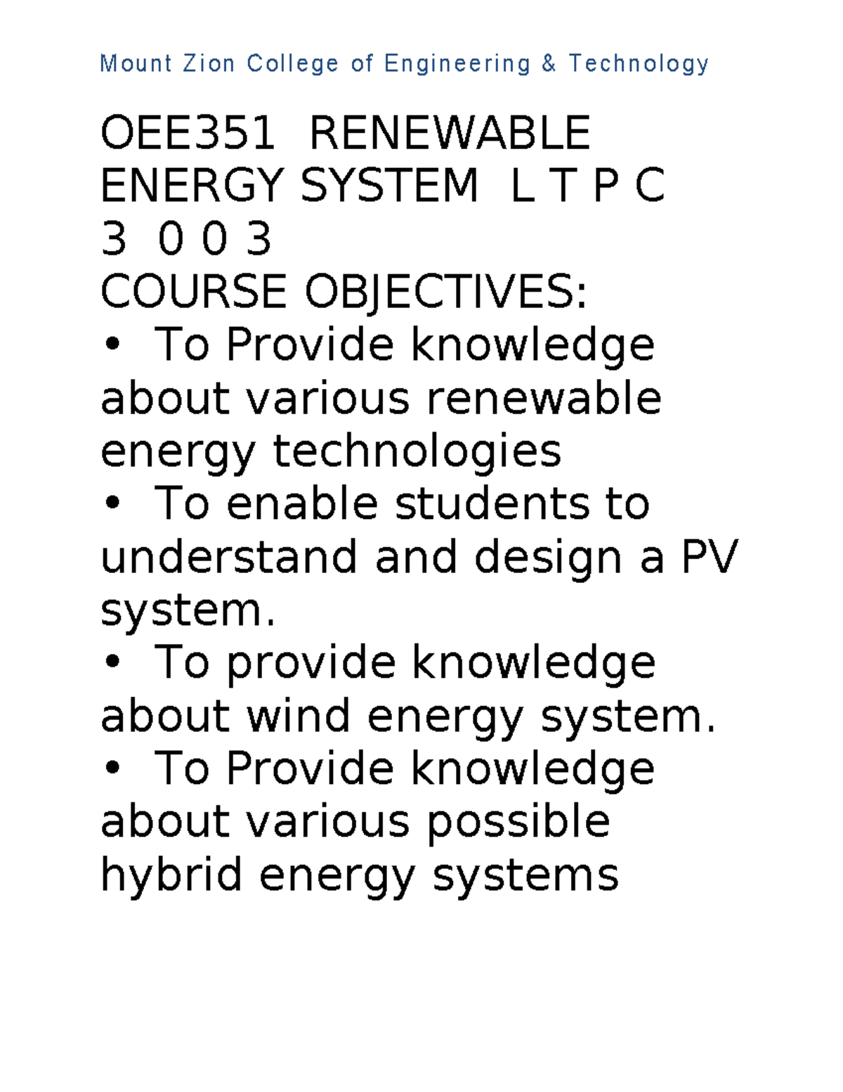 OEE351 Renewable Energy Systems Course Overview and Objectives - Studocu