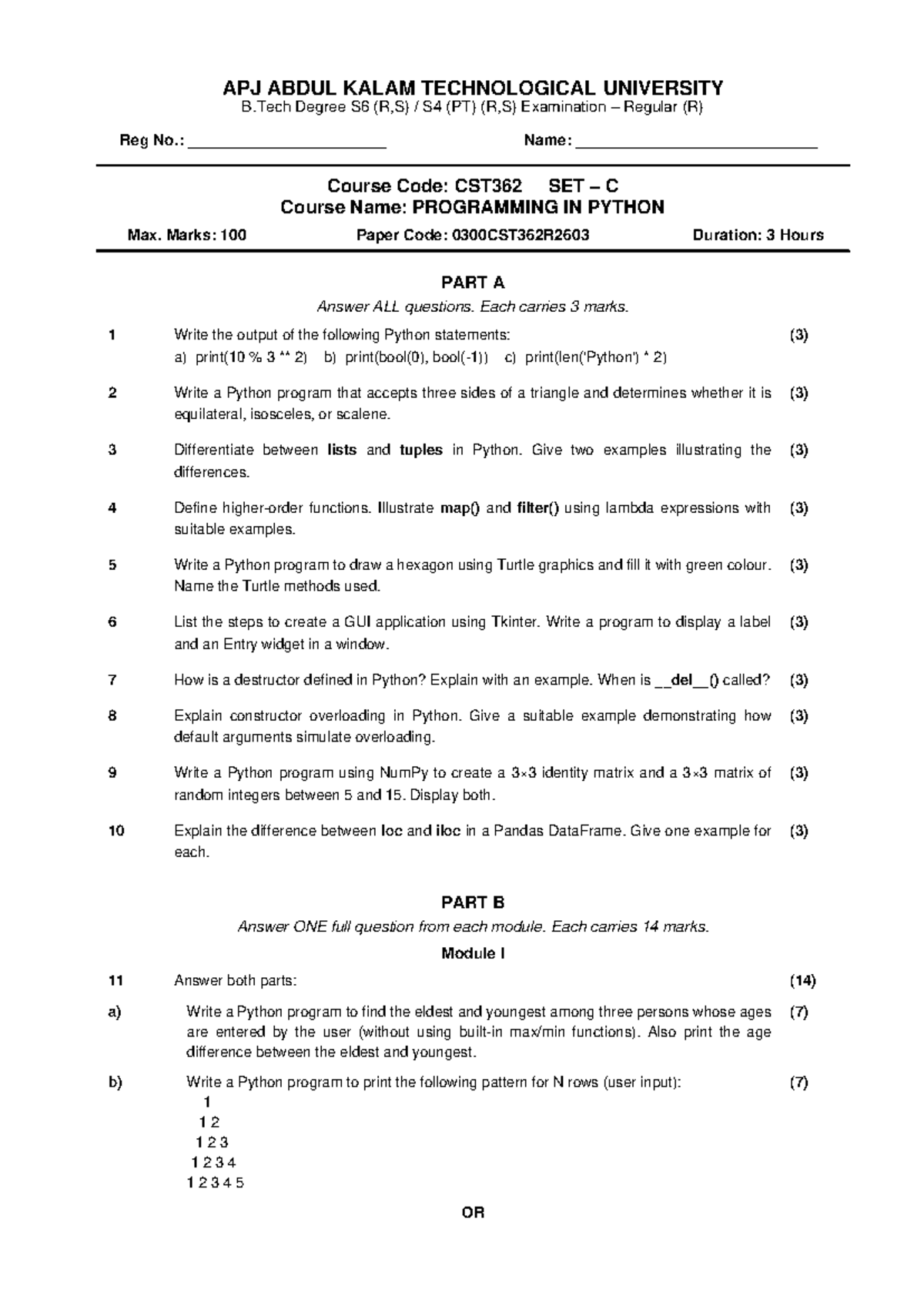 QP Set C CST362 - Programming in Python Exam Questions - Studocu