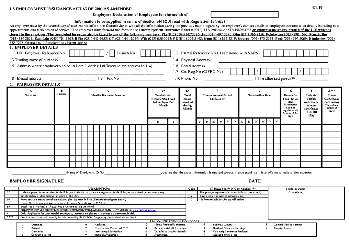 UIF Employer Declaration Form - UI-19 for November 2019 - Studocu