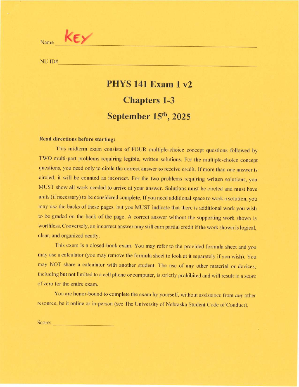 PHYS 141 Exam 1 v2 Key - Midterm Review and Solutions - Studocu