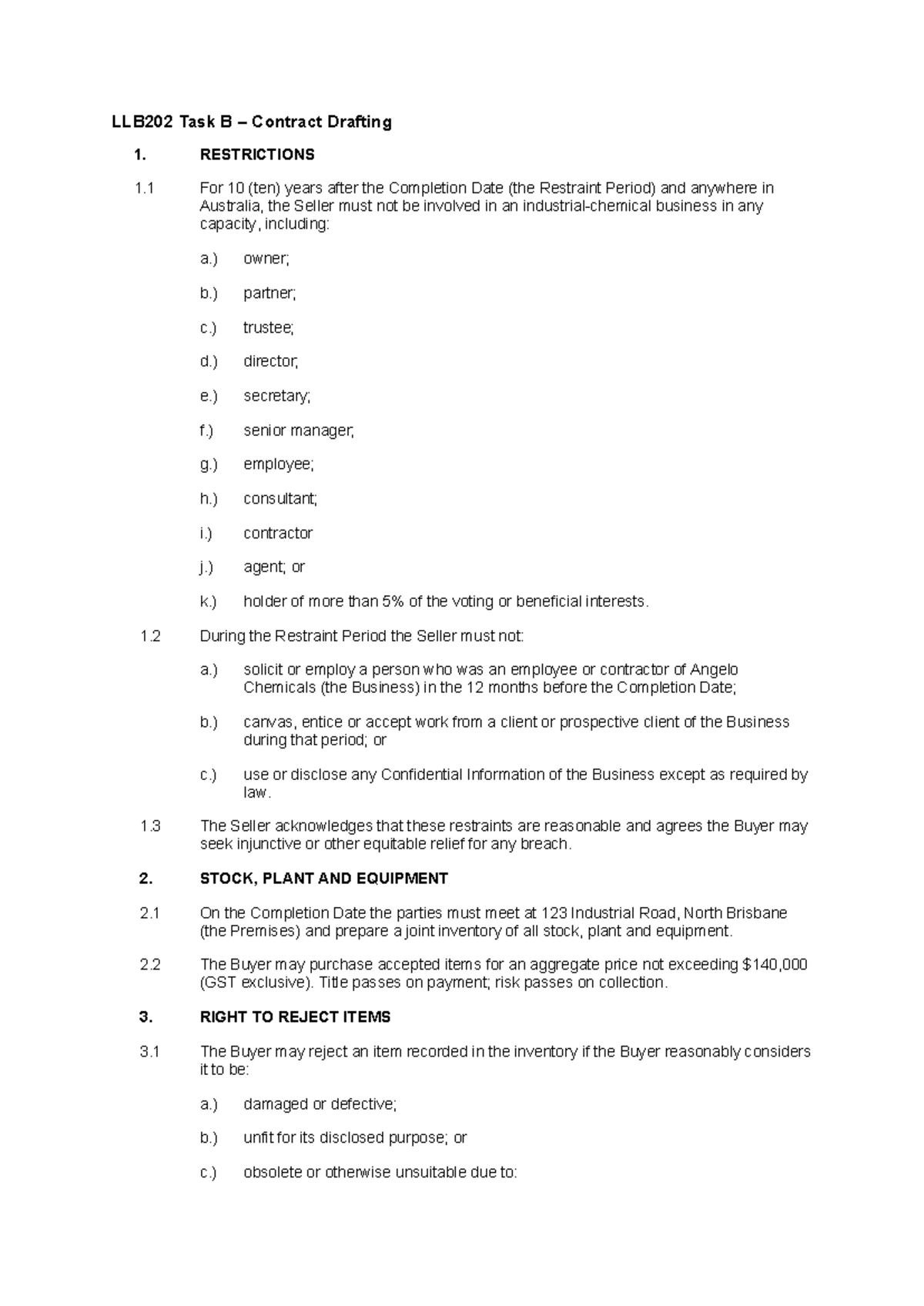 LLB202 A1 Task B - Contract Drafting Restrictions and Provisions - Studocu