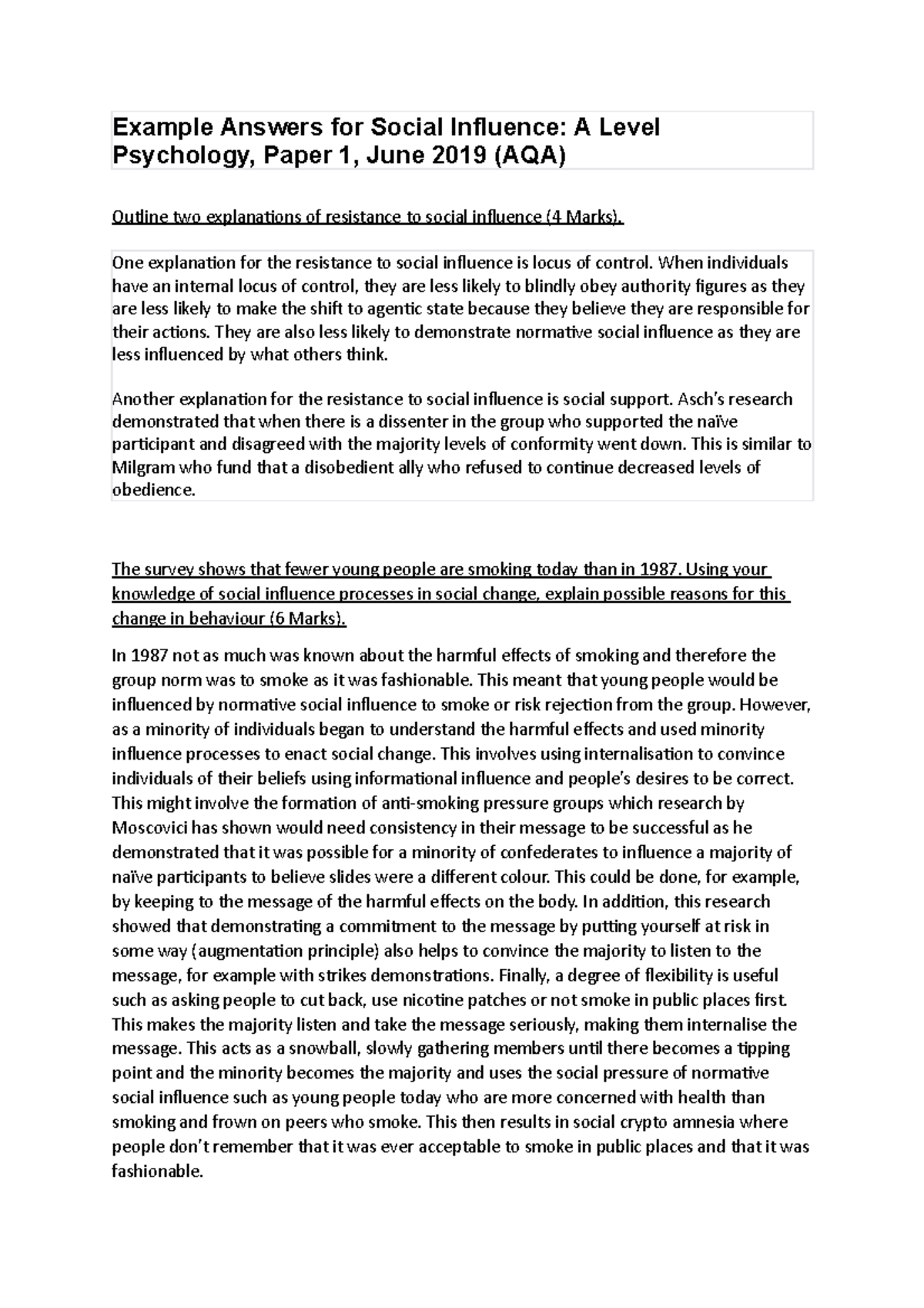 A Level Psychology: Example Answers for Social Influence (AQA, Paper 1 ...