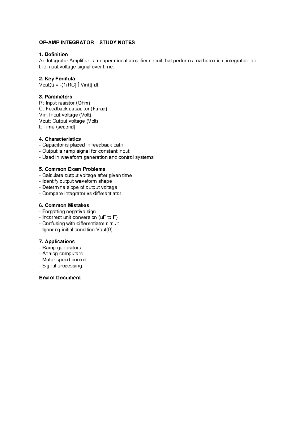 Opamp Integrator Study Notes: Key Concepts & Exam Tips - Studocu