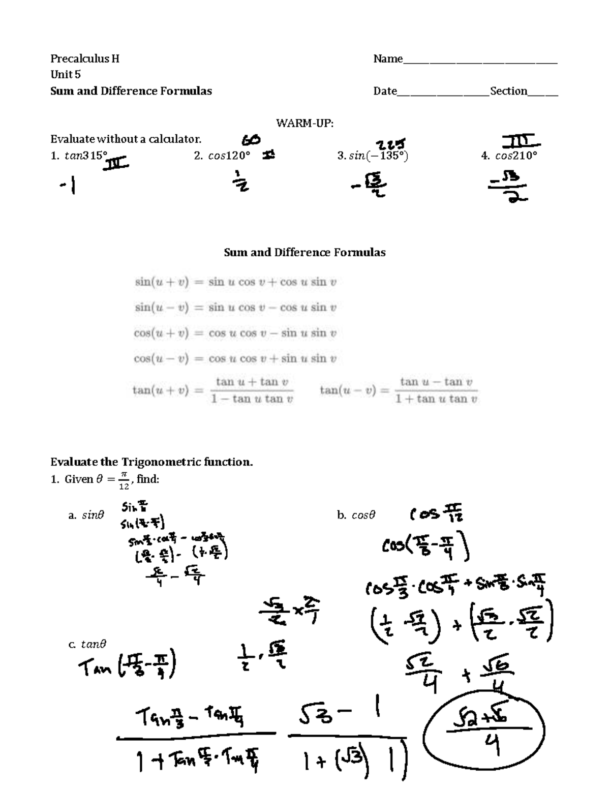 Precalculus H Unit 5: Sum and difference formulas evaluation guide ...