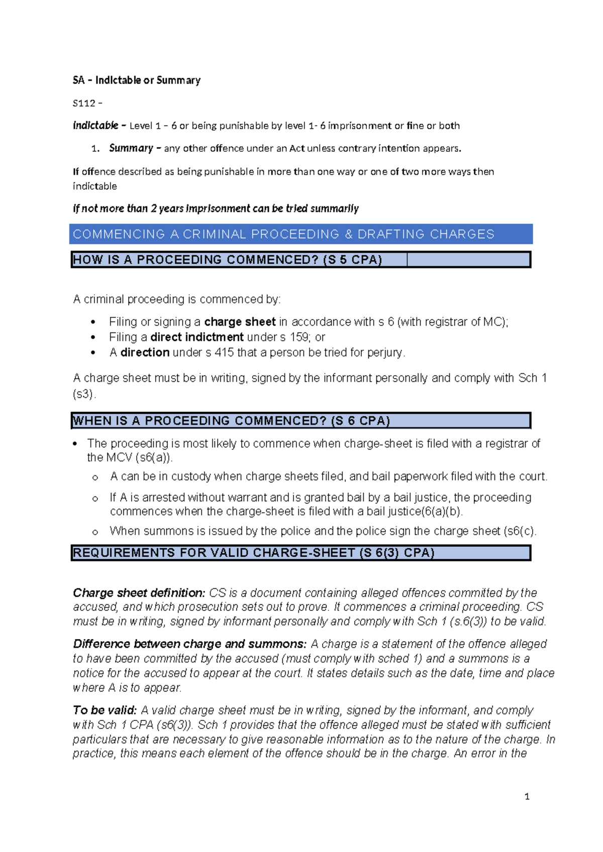 Criminal Procedure Final Notes - SA Indictable or Summary S112 - Studocu
