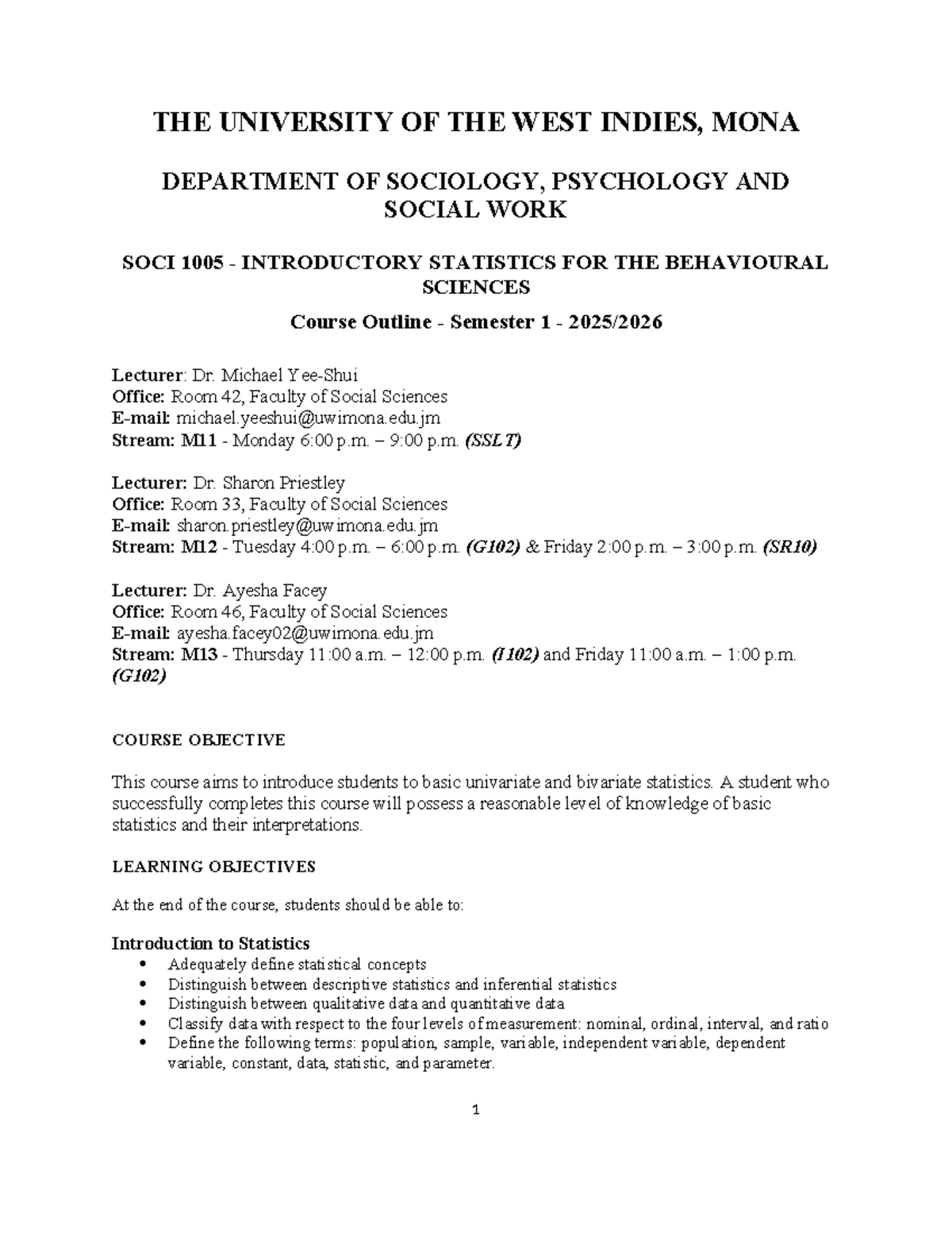 SOCI 1005 - Introductory Statistics Course Outline Semester 1 2025-26 ...