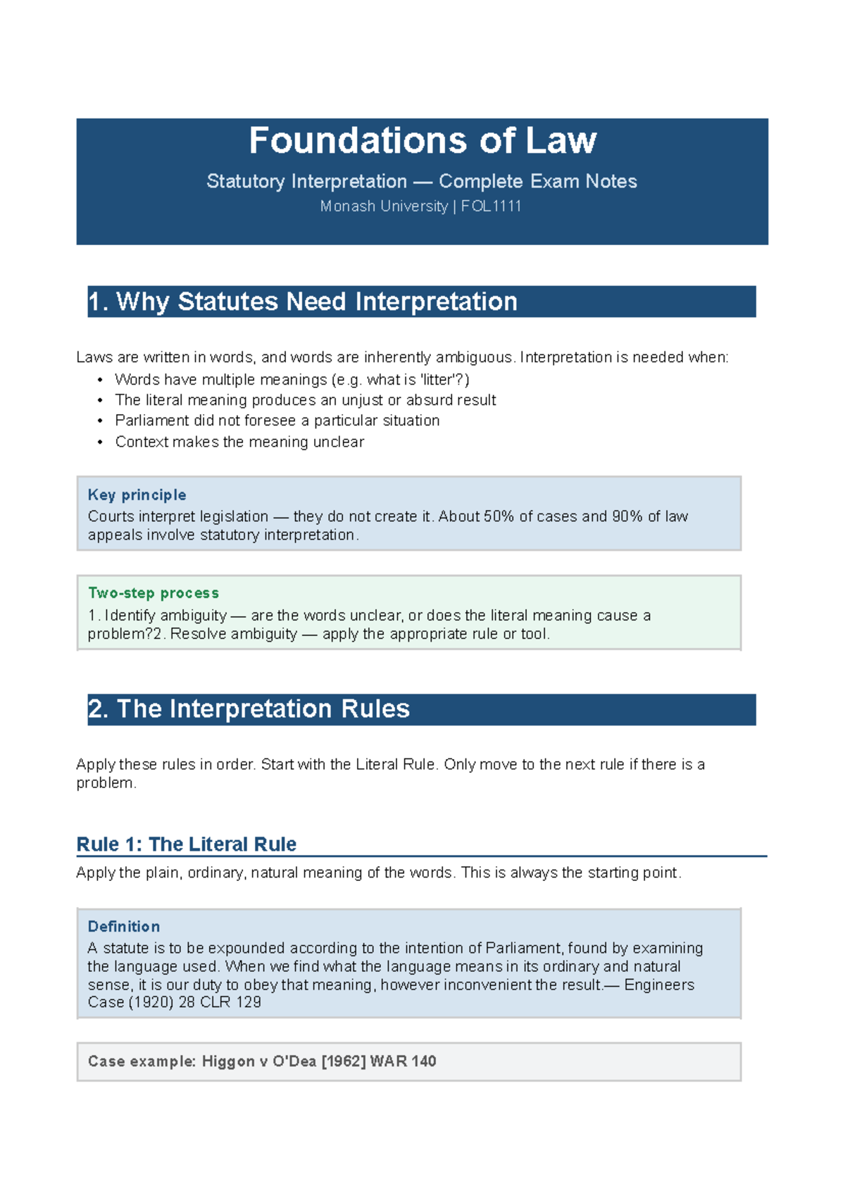 Statutory Interpretation Complete Exam Notes (FOL) - Monash University ...