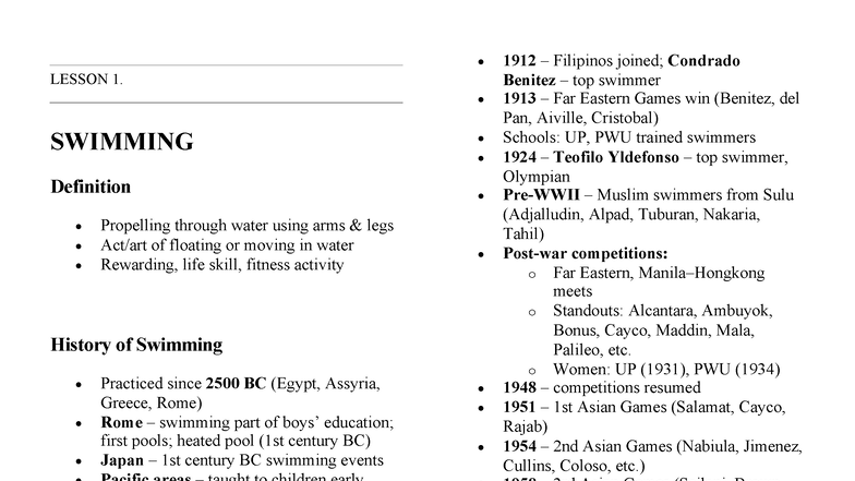 Swimming Reviewer: Lesson 1 - History, Techniques, and Benefits - Studocu