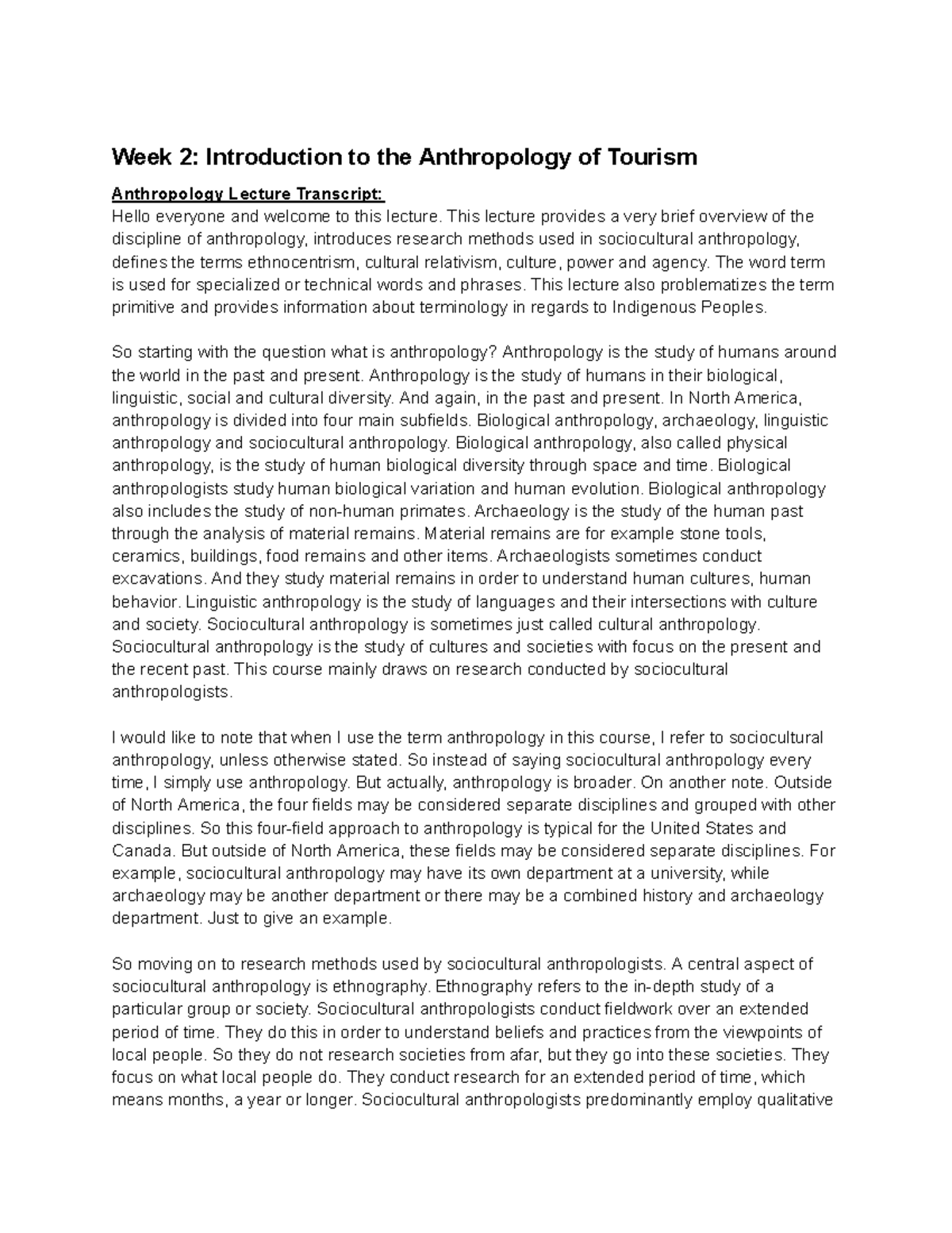 Anthro 101: Week 2 Lecture Notes on Anthropology of Tourism - Studocu