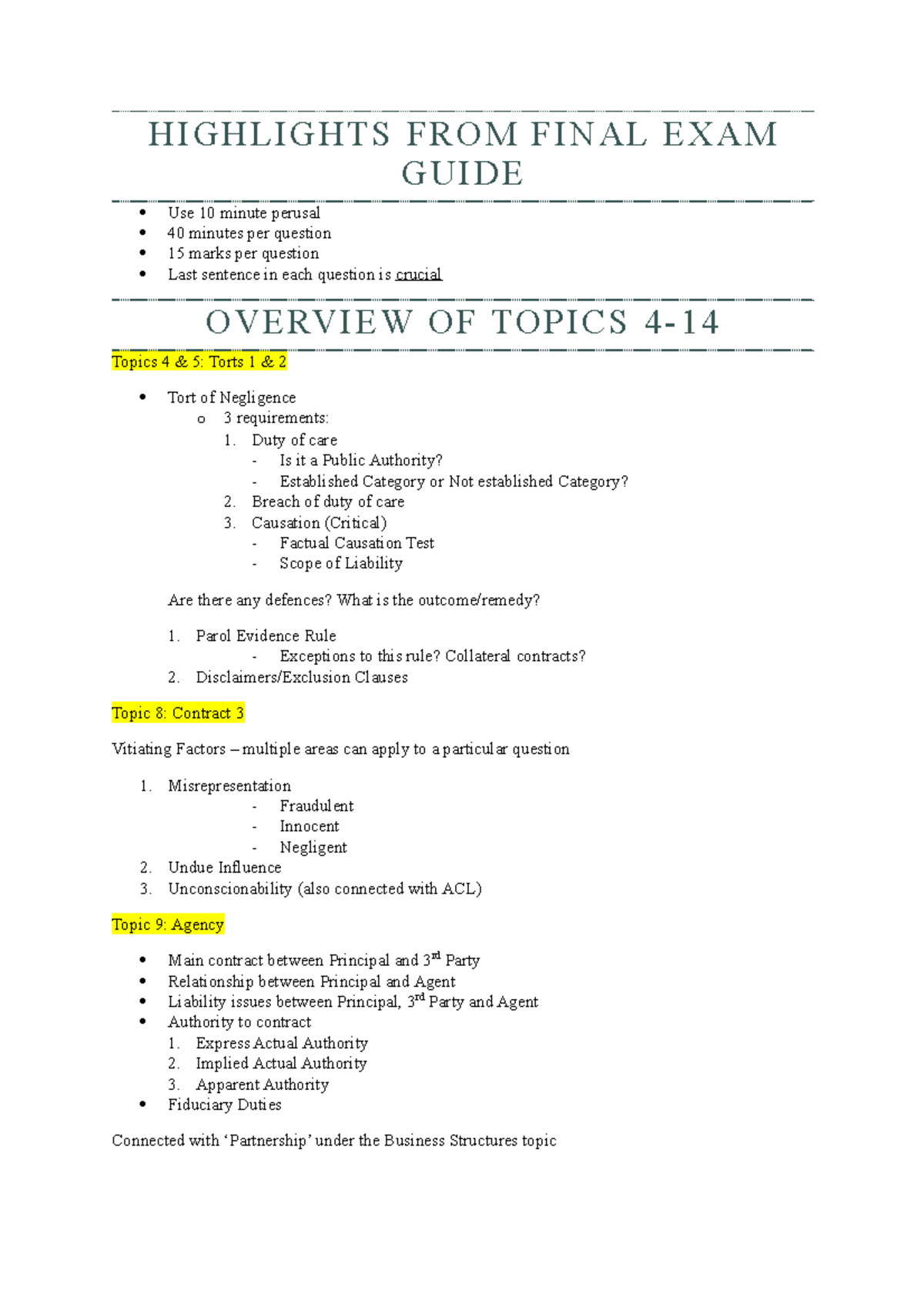 Final Exam Guide Notes - Summary Business Law - HIGHLIGHTS FROM FINAL ...