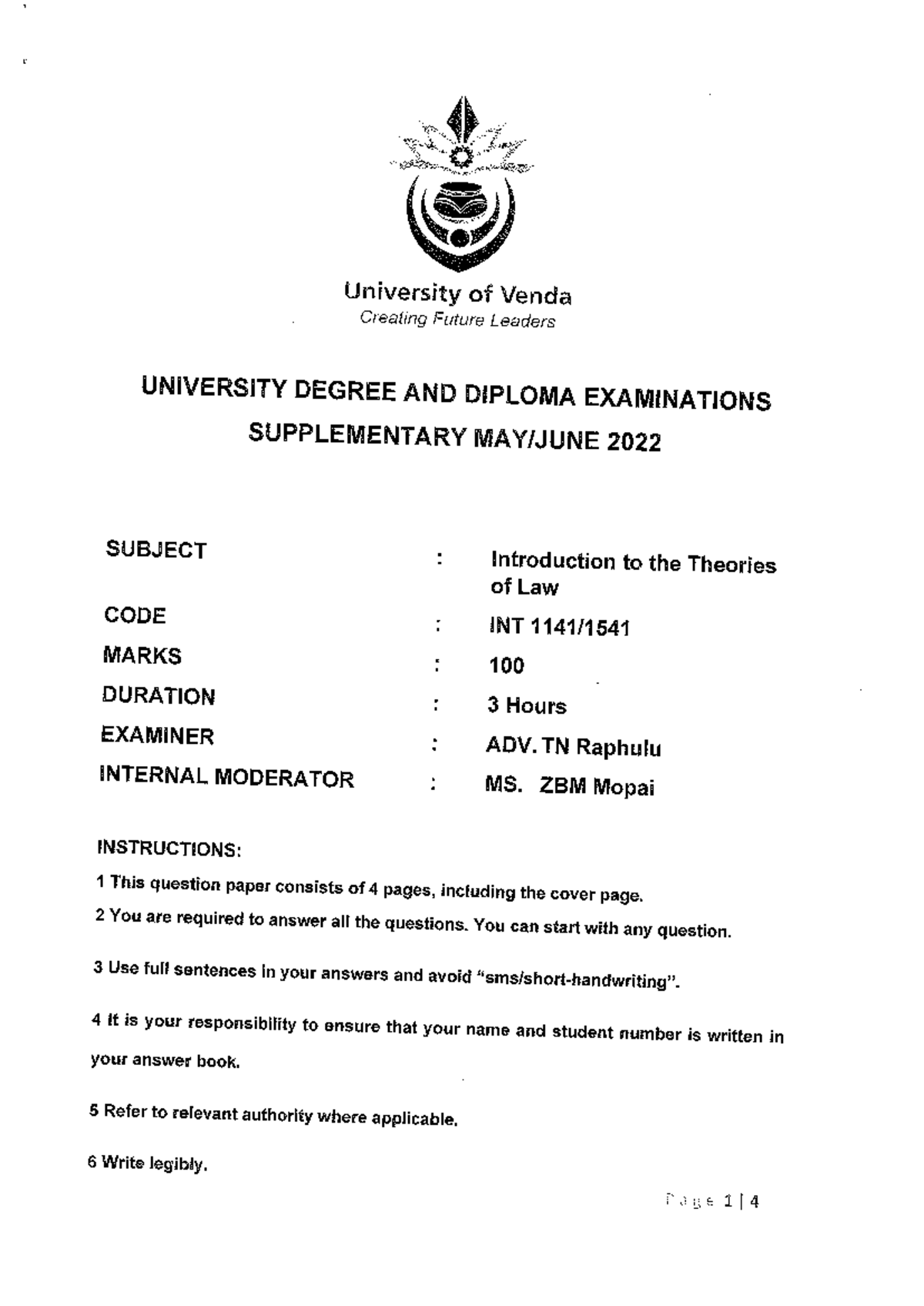 INT 2022 Supplementary Exam: Introduction to Theories of Law - Studocu