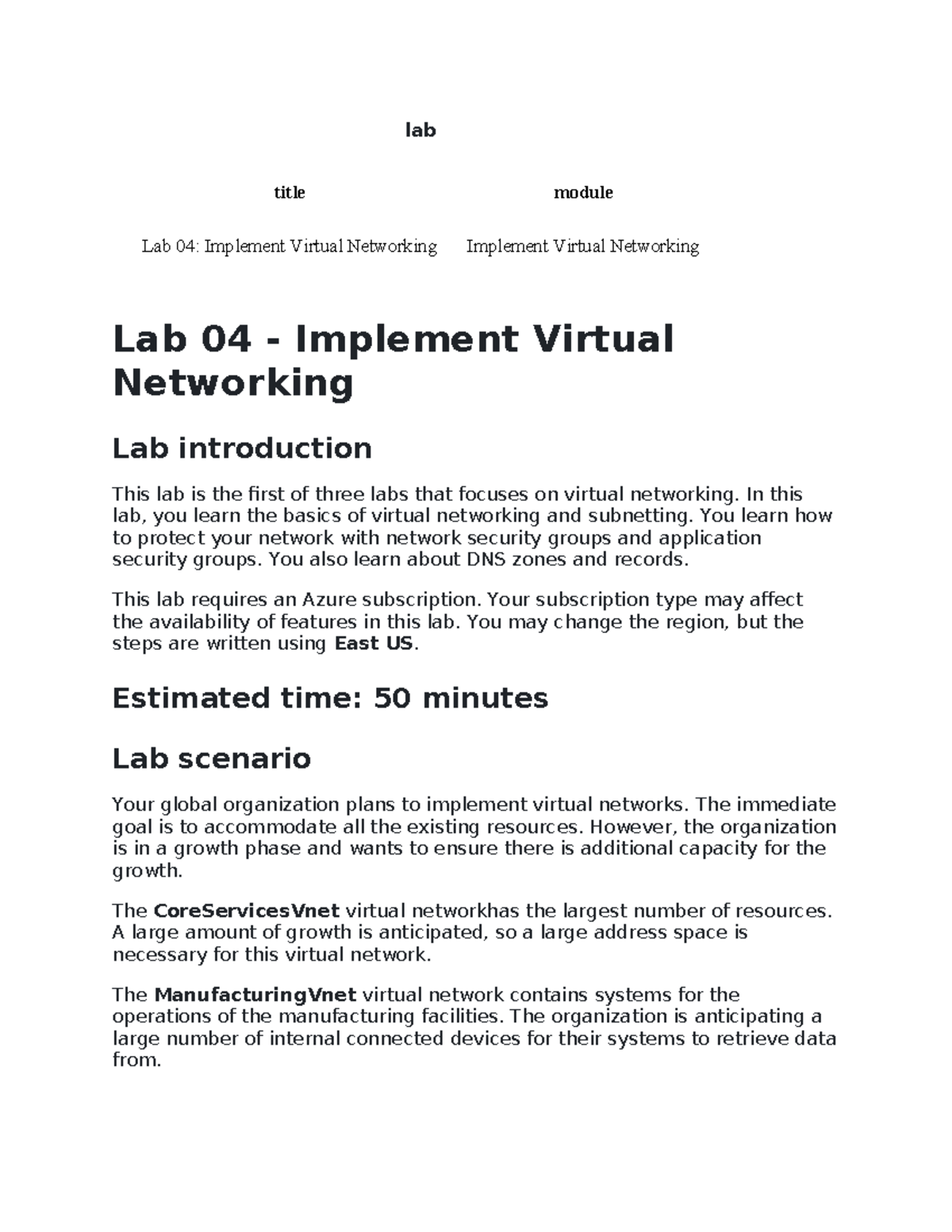 Lab 04: Virtual Networking Implementation with Azure Techniques - Studocu