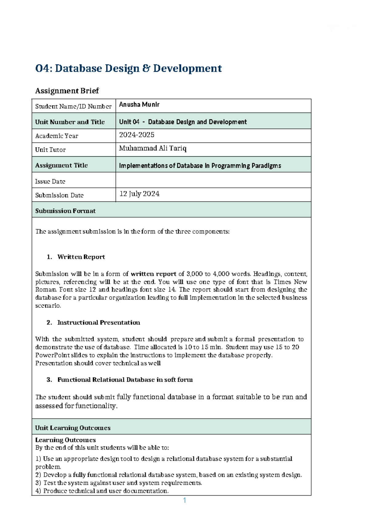 O4: Database Design & Development Assignment Brief - HND Computing ...