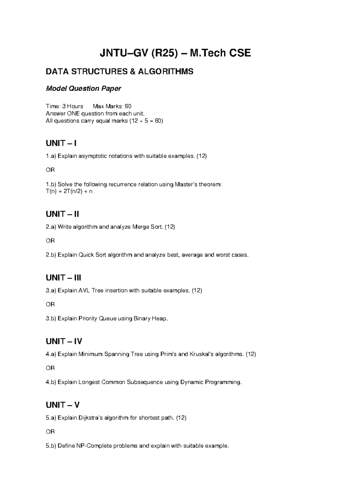 (R25) M.Tech CSE Data Structures & Algorithms Model Question Paper ...