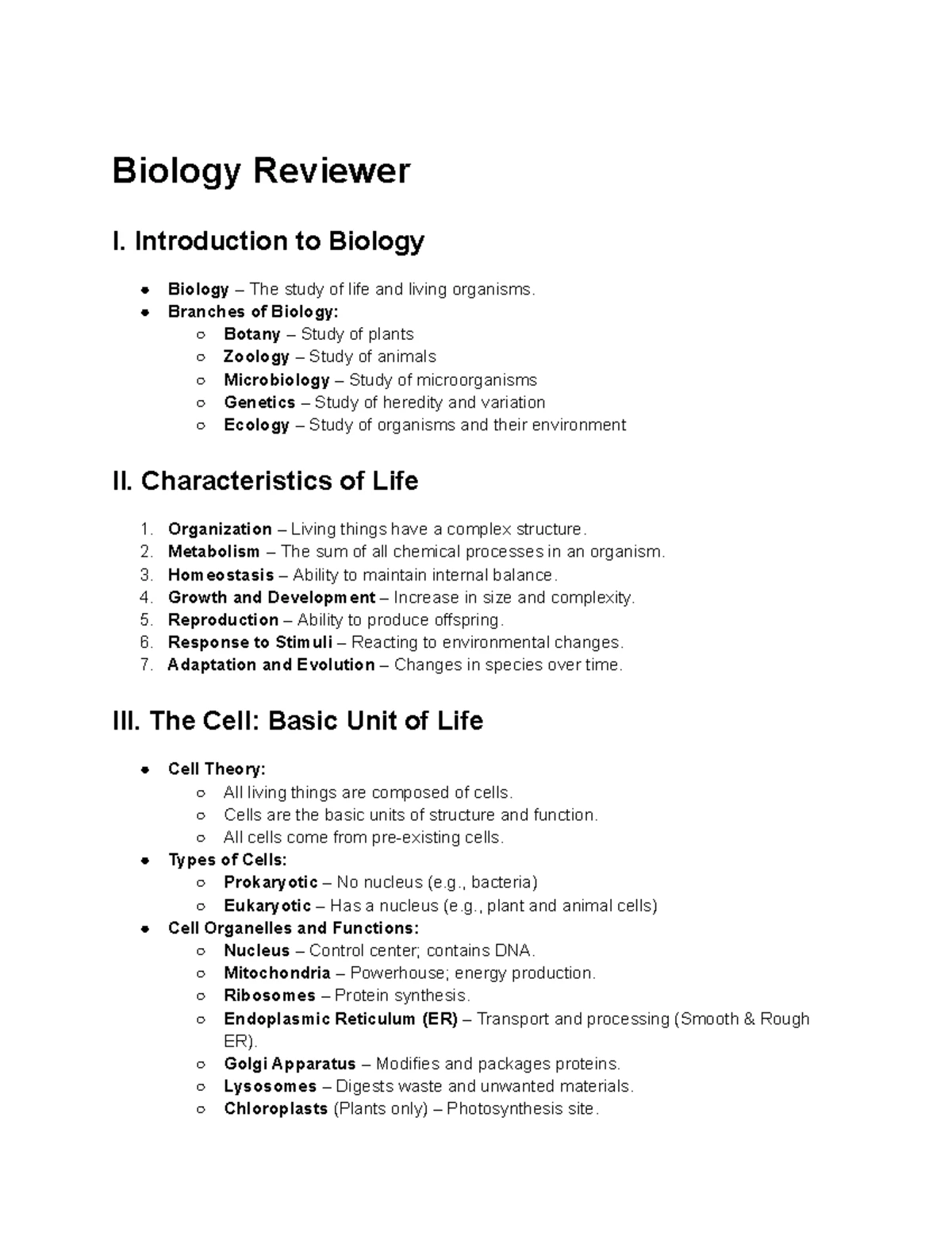 Biology Reviewer - bio notes - Biology Reviewer CELL BIOLOGY 1. Cell ...