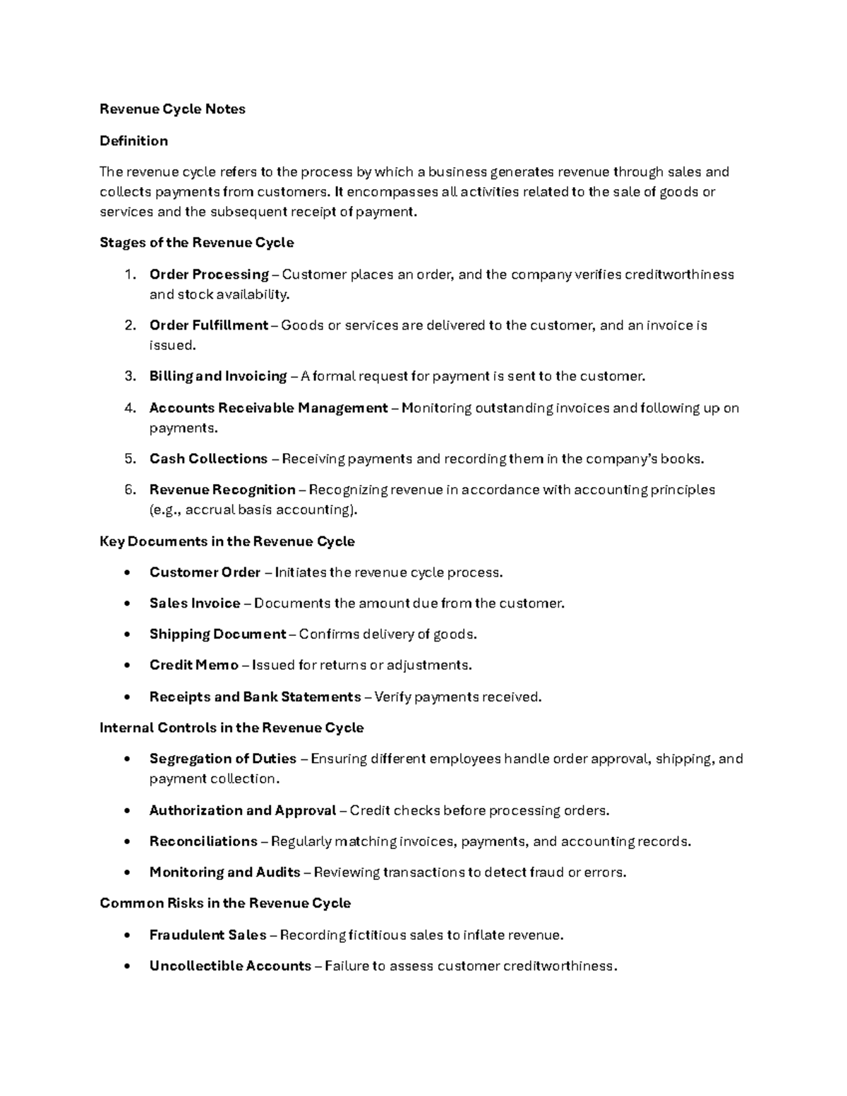 Rcnotes - revenue cycle - Revenue Cycle Notes Definition The revenue ...