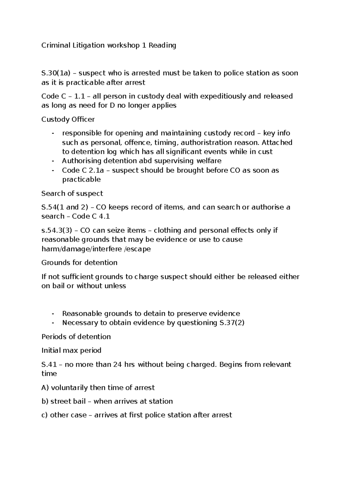 Criminal Litigation (Workshop 1) Reading Notes on Suspect Rights and ...