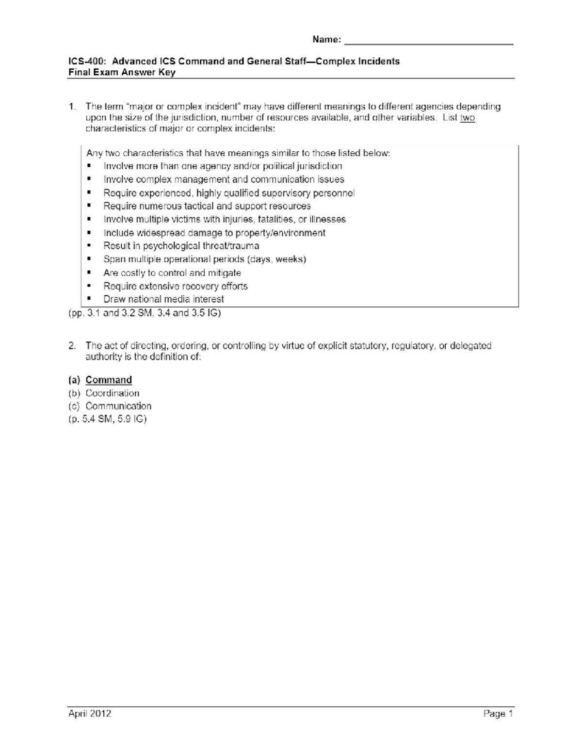 ICS-400 - Advanced Command & General Incidents Final Exam Answer Key ...