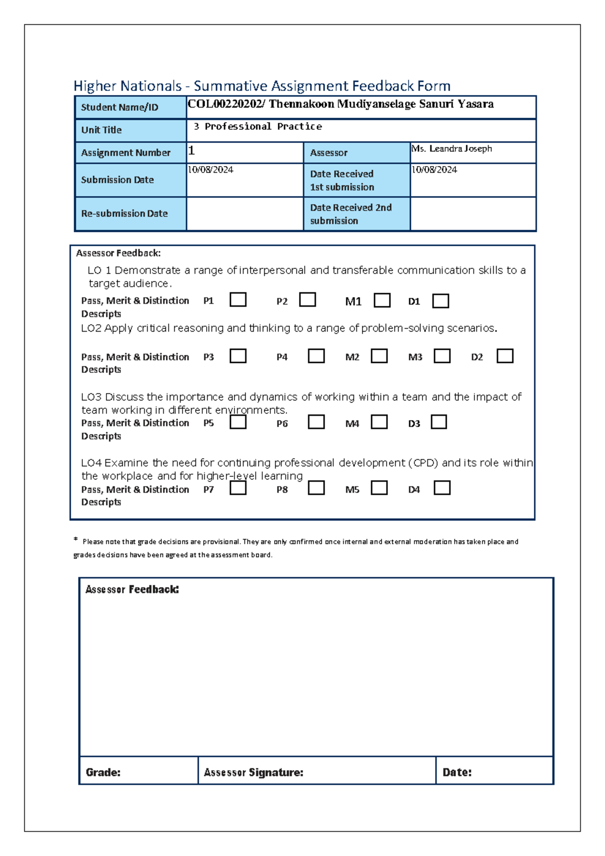 E223673 - Unit 3 Professional Practice: Assignment Feedback Summary ...