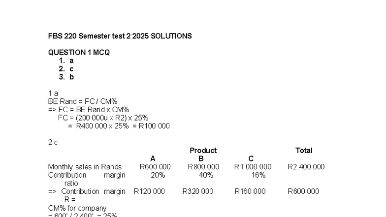 FBS 220 Semester Test 2 2025 Solutions and Calculations - Studocu