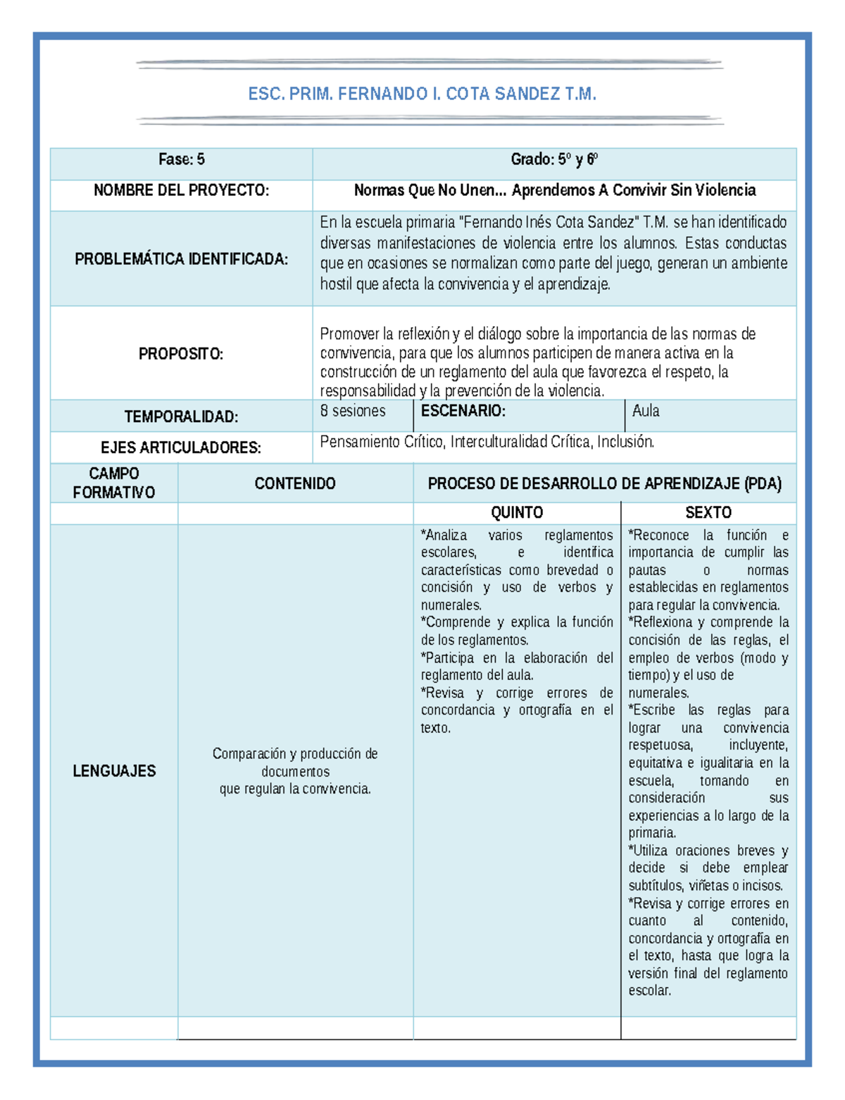 ESC. PRIM. FASE 5: Proyecto sobre Normas de Convivencia y Prevención de ...