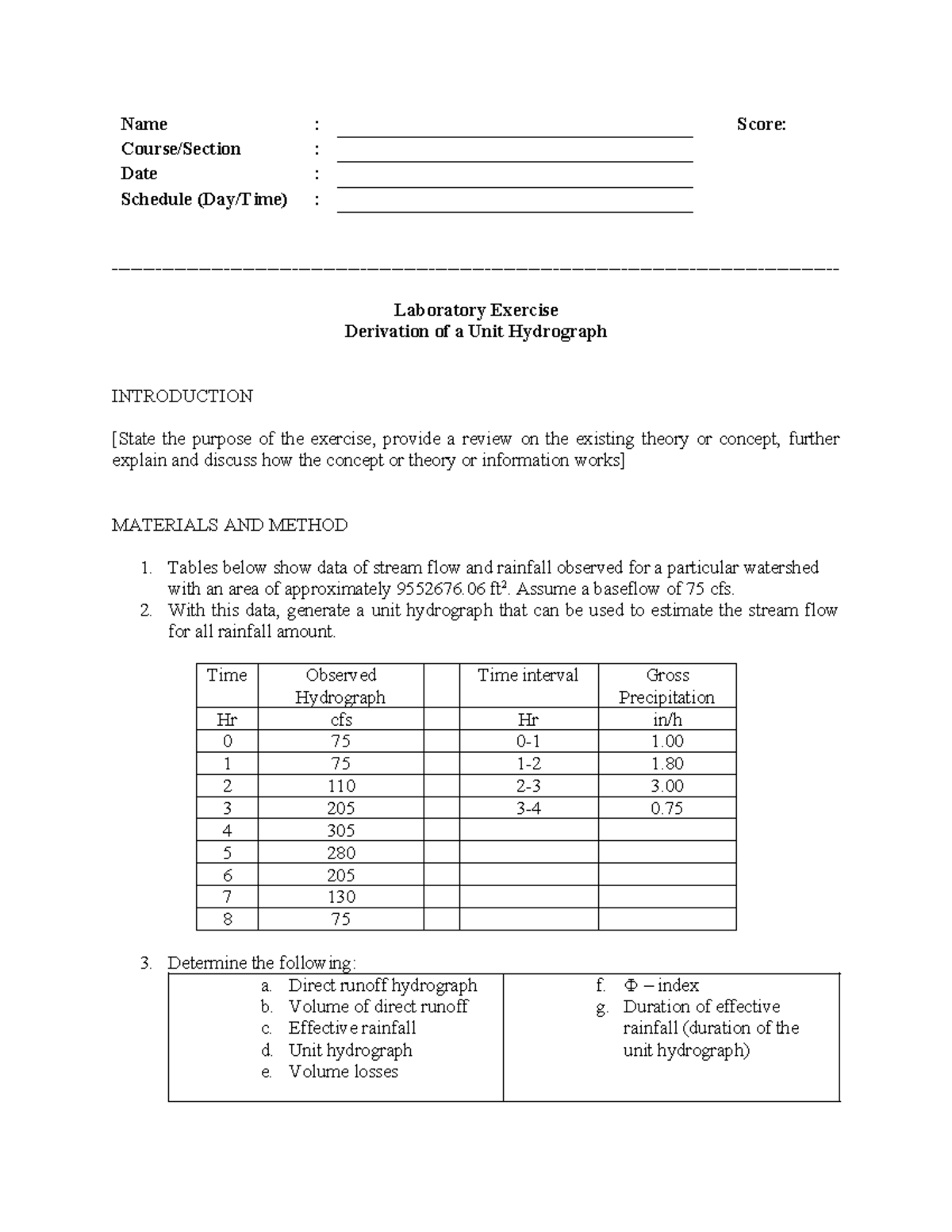 LAB EX 4 - Derivation of Unit Hydrograph Techniques and Data Analysis ...