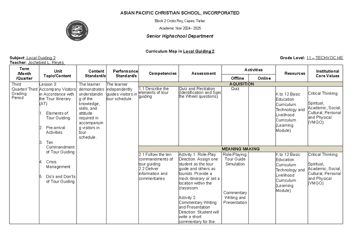 Curriculum Map in Local Guiding 2 - ASIAN PACIFIC CHRISTIAN SCHOOL ...