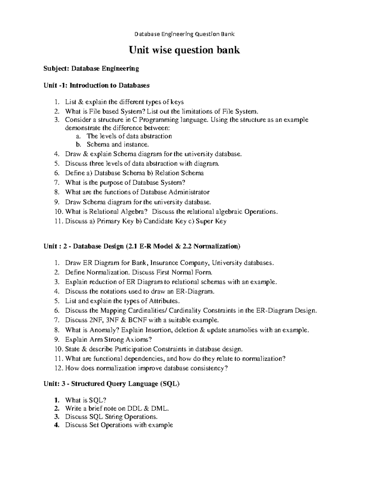 DBE Question Bank: Comprehensive Database Engineering Q&A Guide - Studocu