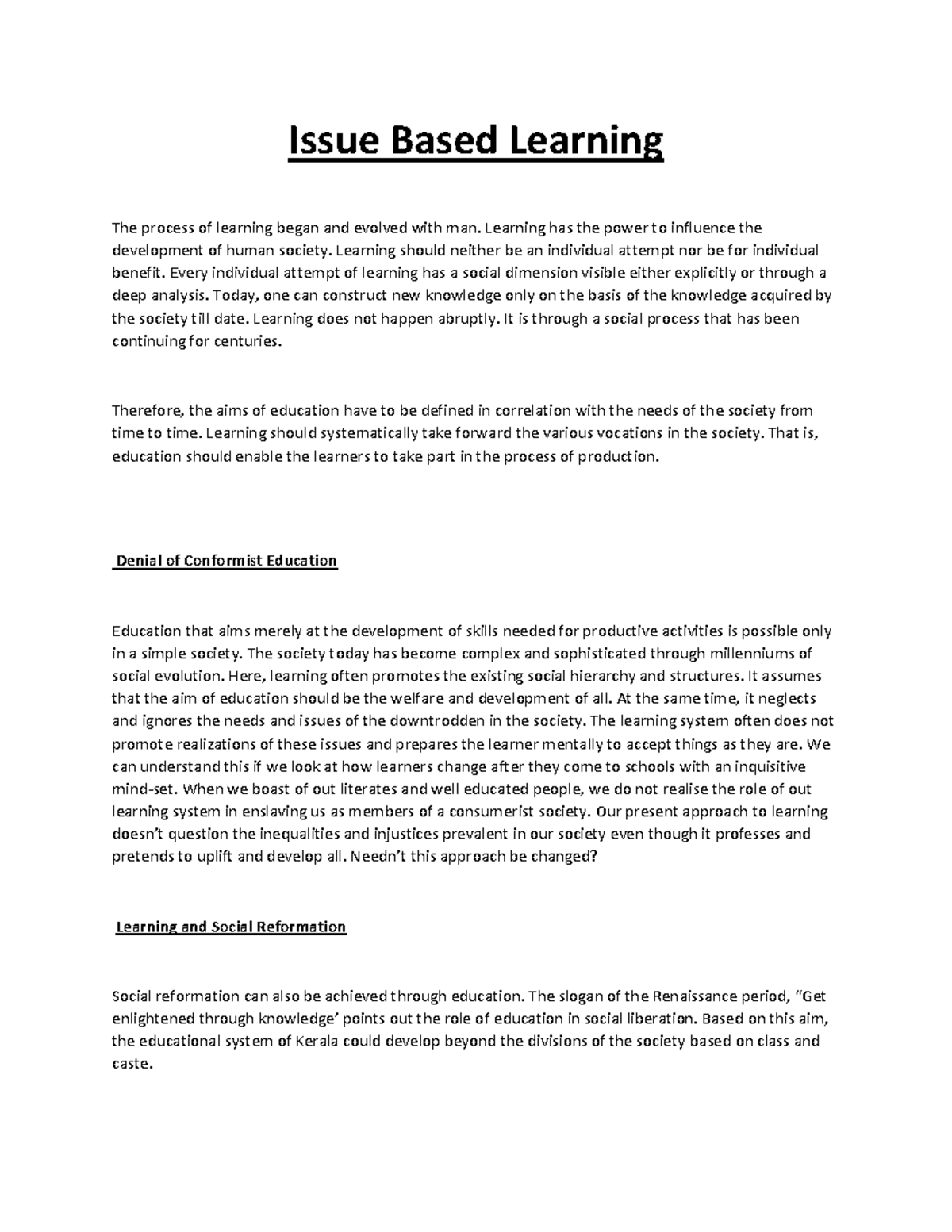 Issue Based Learning: Enhancing Social Awareness and Reformation - Studocu