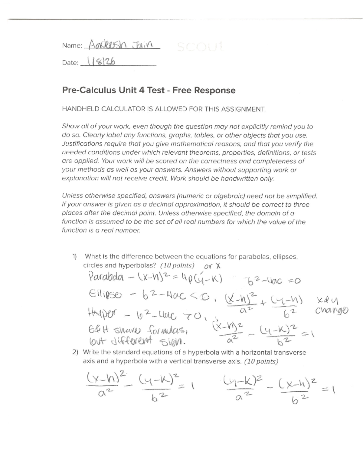 Unit 4 Precalc Test: Free Response Guidelines and Questions - Studocu