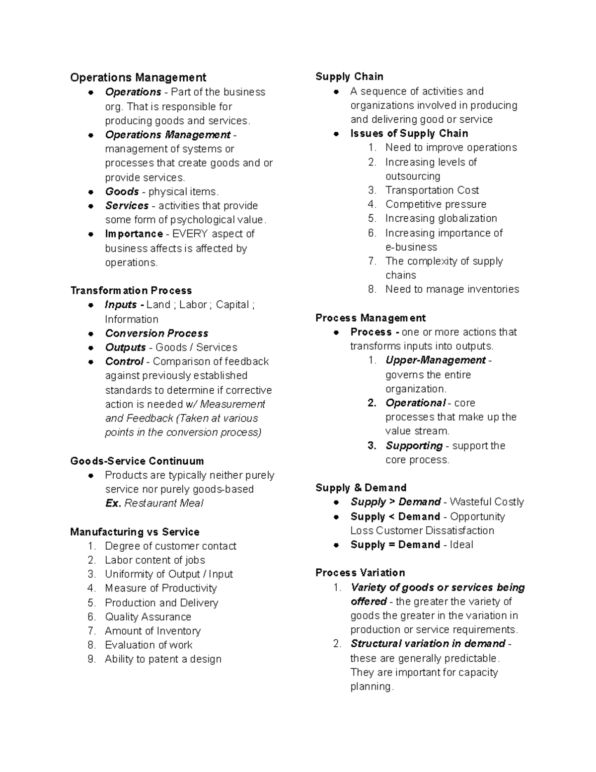 Operations Management D Siopma Notes: Key Concepts and Processes - Studocu