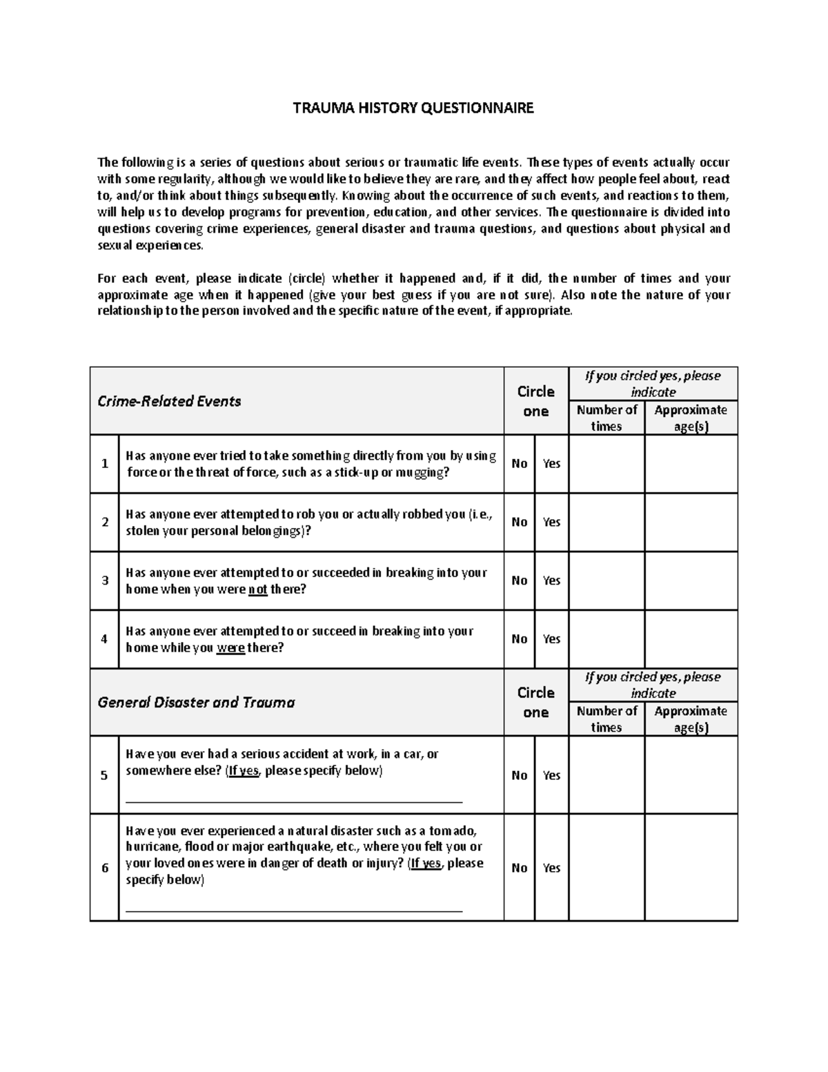 Trauma History Questionnaire - TRAUMA HISTORY QUESTIONNAIRE The ...