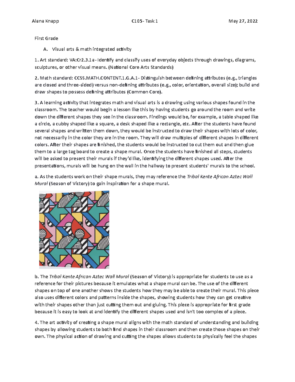 WGU C105 - Integrated Arts & Math Activities for First Grade - Studocu