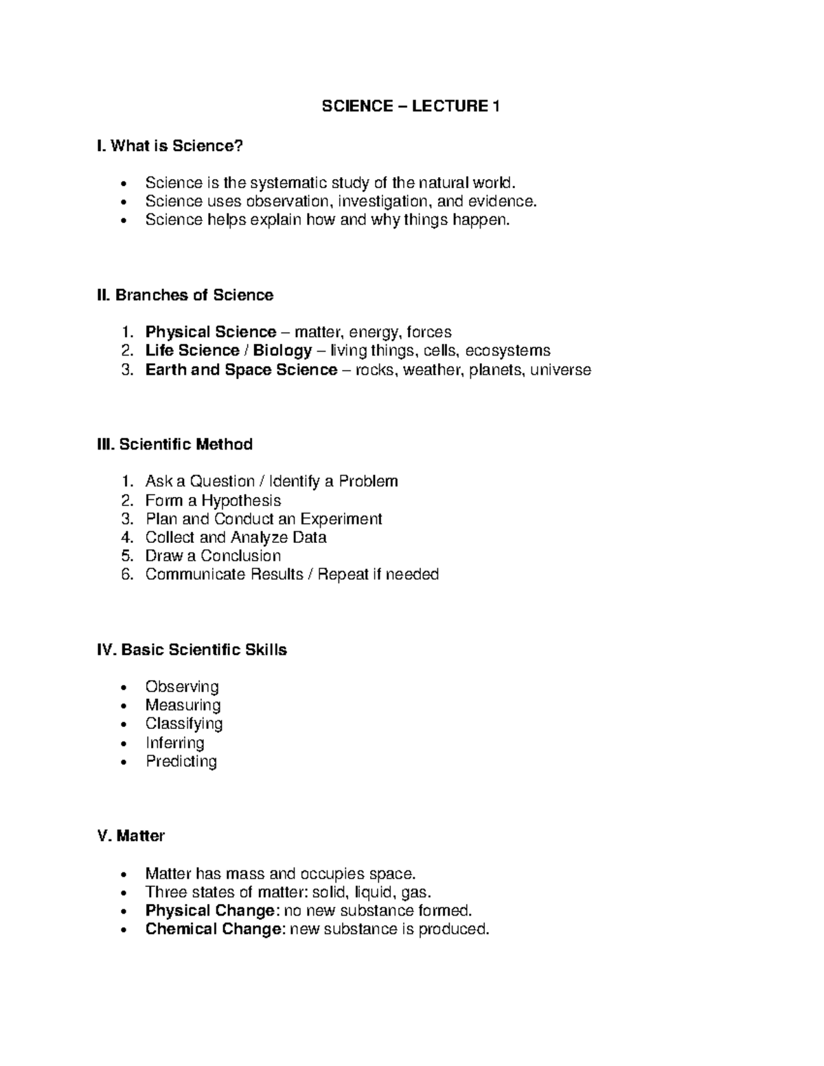 SCIENCE LECTURE 1: Introduction to the Scientific Method and Branches ...