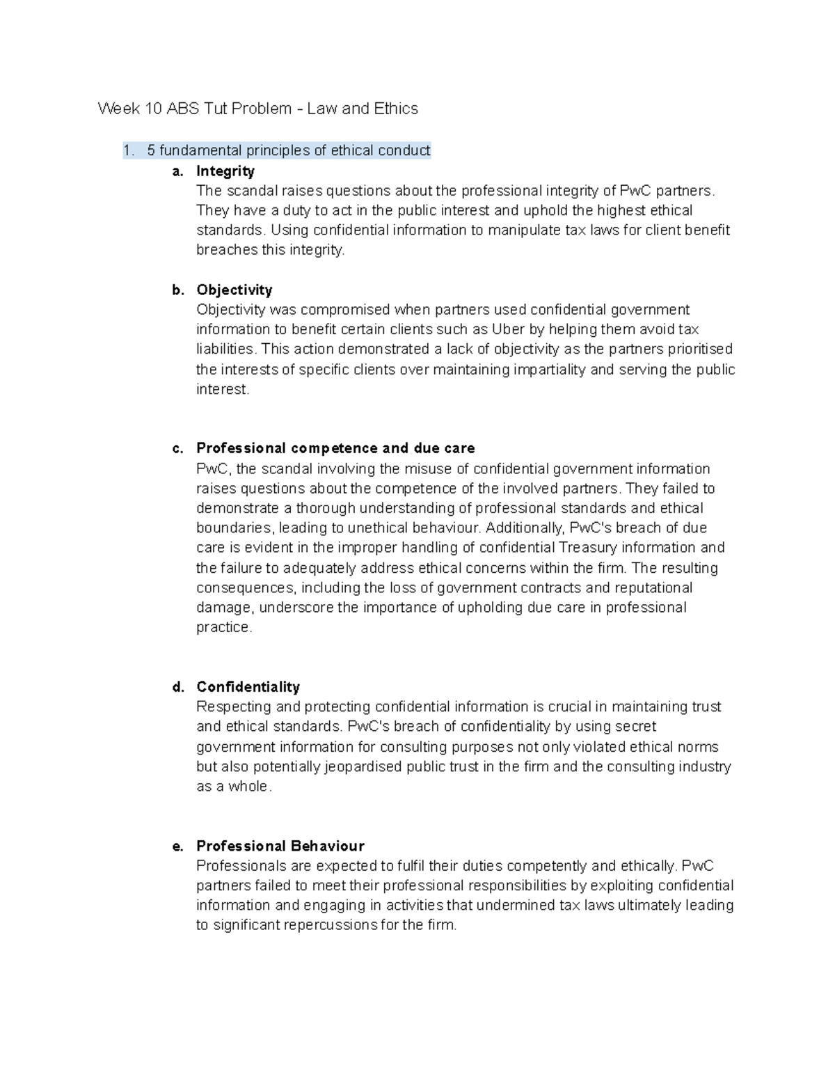 WEEK 10 ABS Tutorial Problem - Week 10 ABS Tut Problem - Law and Ethics ...
