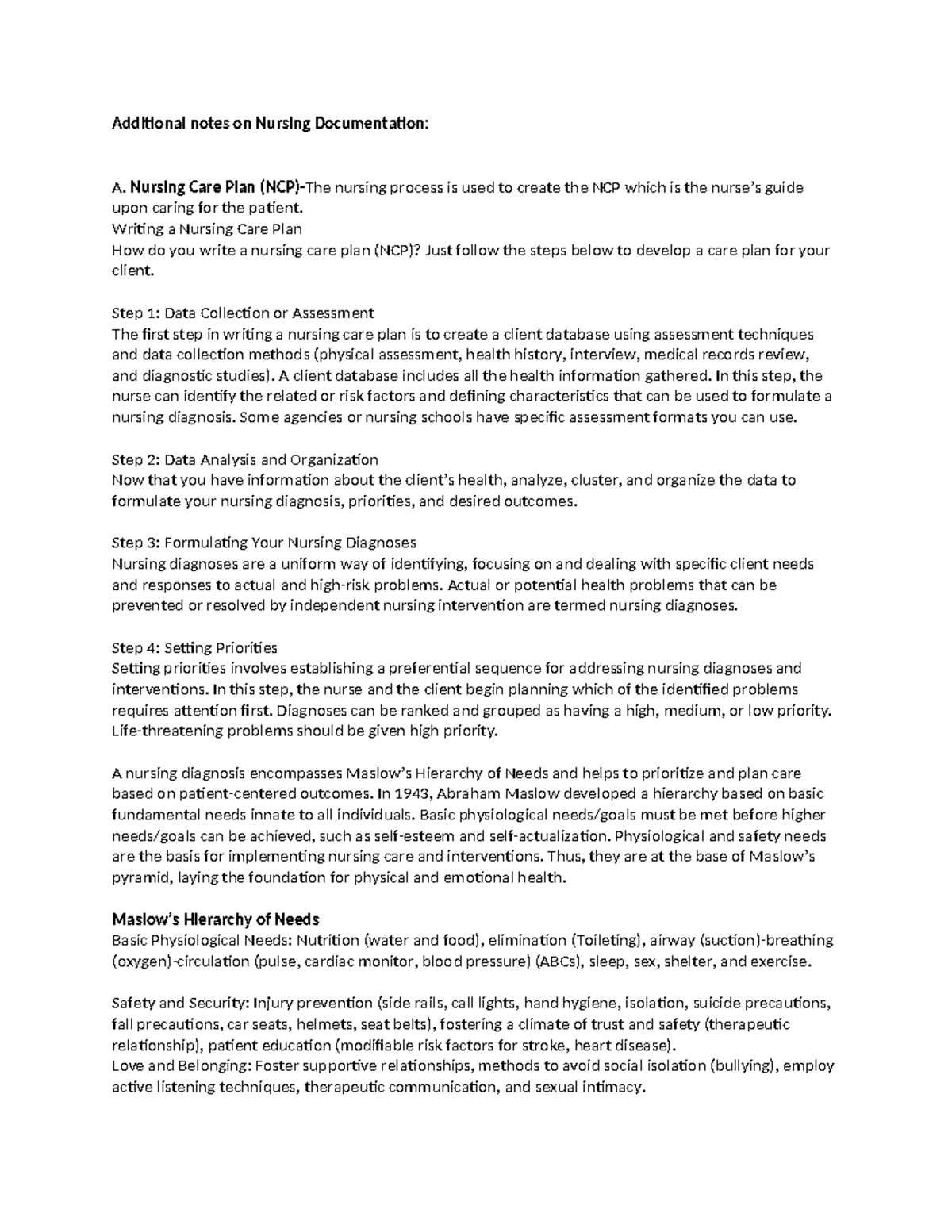 Handout-HA-docu - Health assessment - Additional notes on Nursing ...