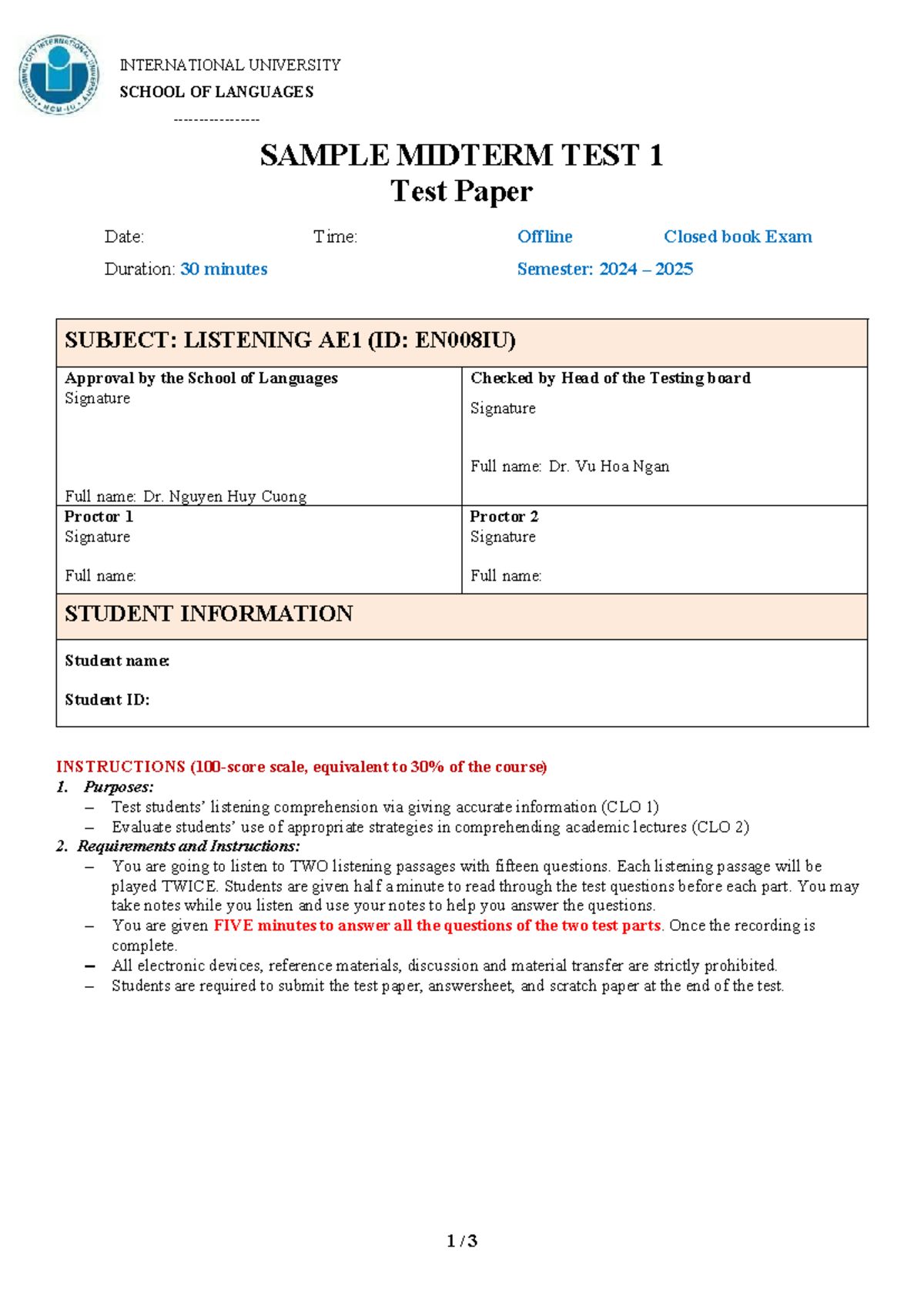 Listening AE1 Midterm Test 1 Sample - International University - Studocu