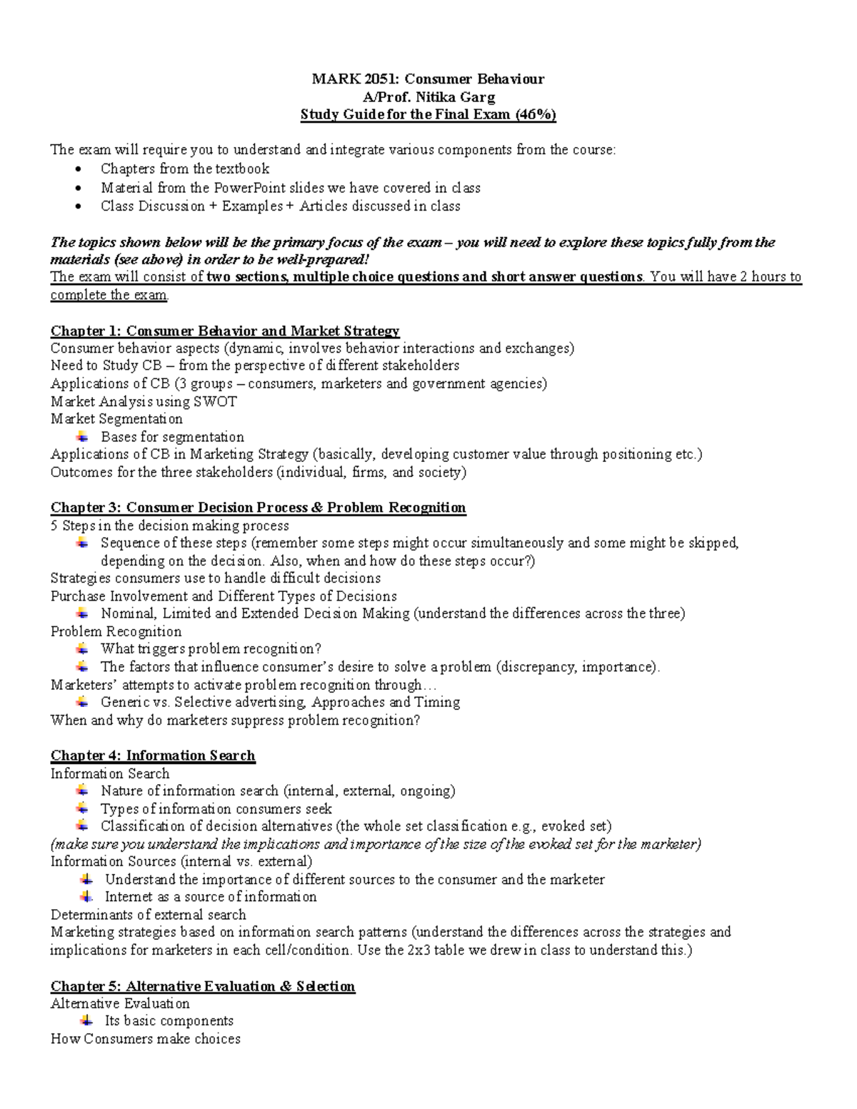Final Exam studyguide-S12018 - MARK 2051: Consumer Behaviour A/Prof ...
