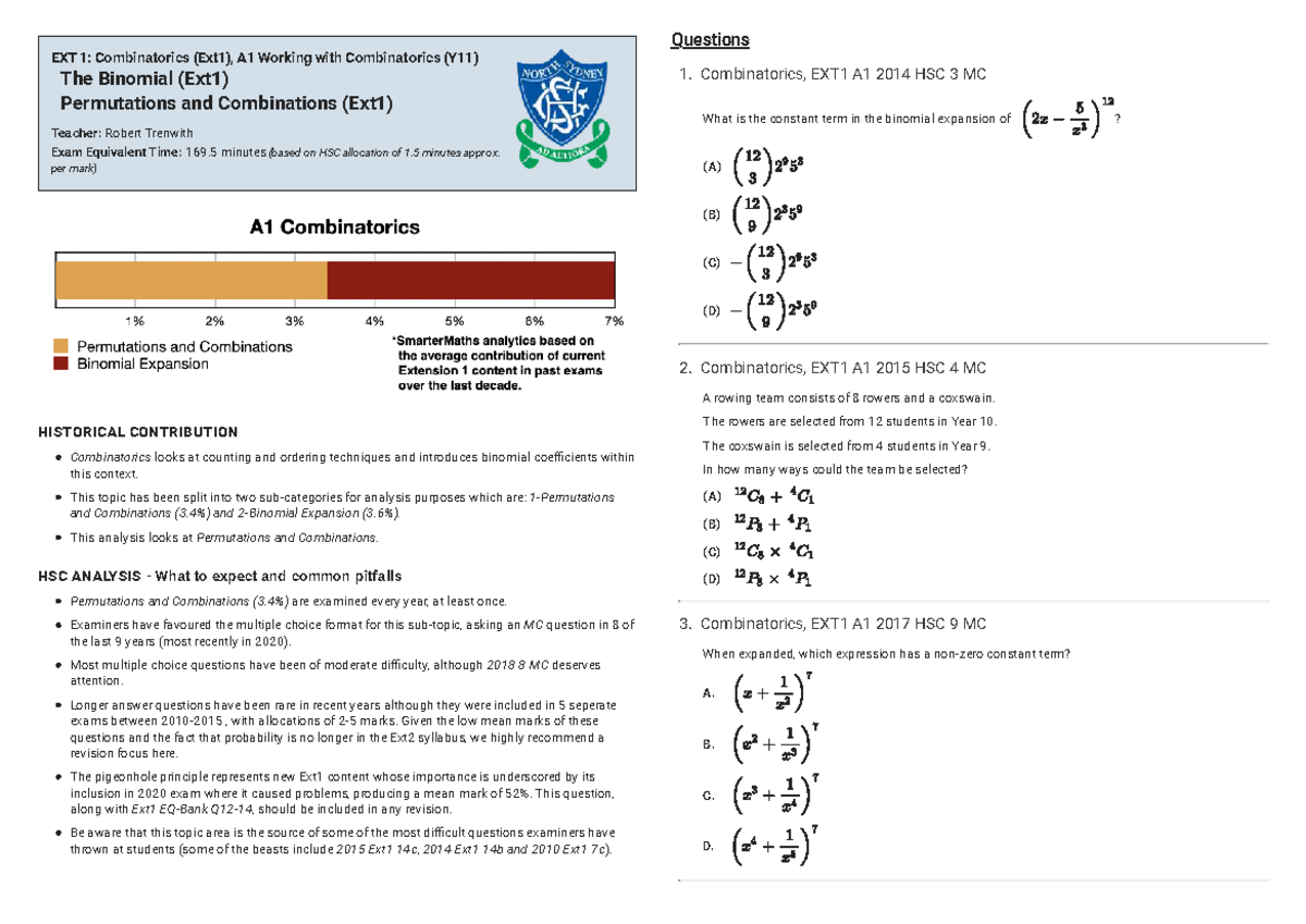 Combinatorics & Binomial Theorem: EXT1 A1 Study Guide - Studocu