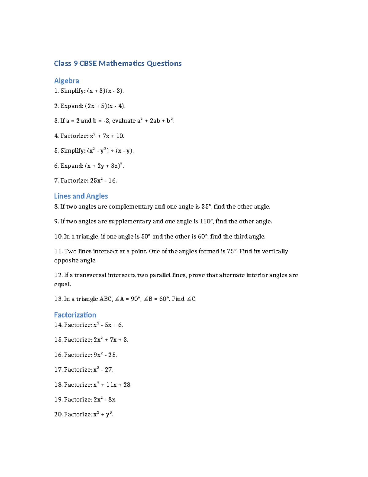 Class 9 CBSE Math: Algebra & Geometry Questions - Studocu