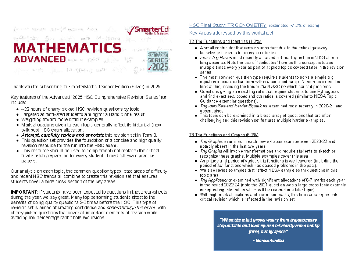 Final Exam Revision: Trig Functions & Identities (2ADV T2/T3) - Studocu