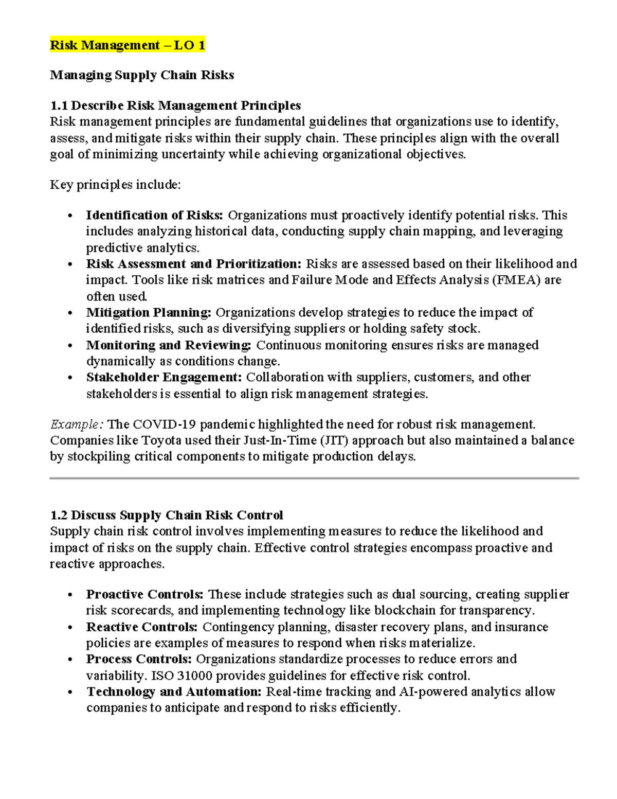 MGMT - LO1 - Wks 1& 2 - Lecture Notes 2025 - Risk Management – LO 1 ...