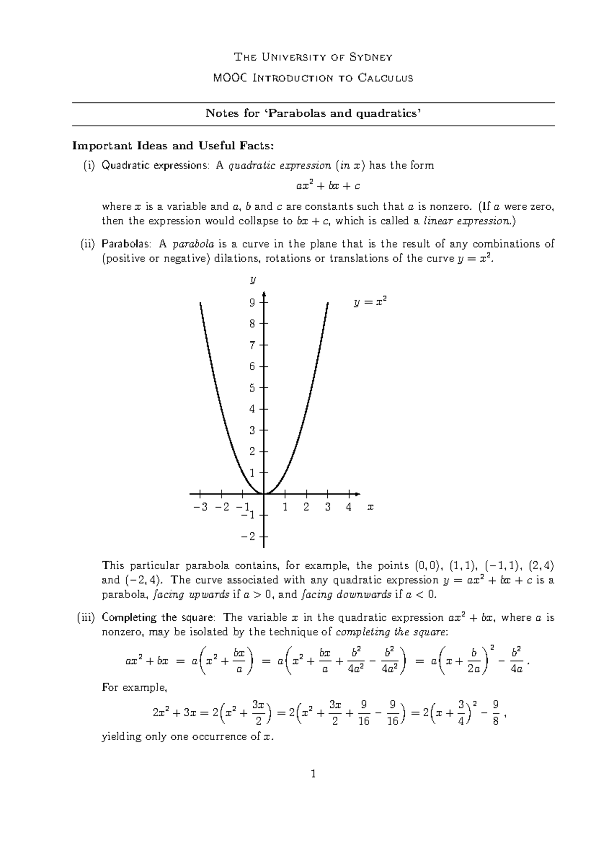 Introduction to Calculus: Parabolas and Quadratics Notes (MATH101 ...