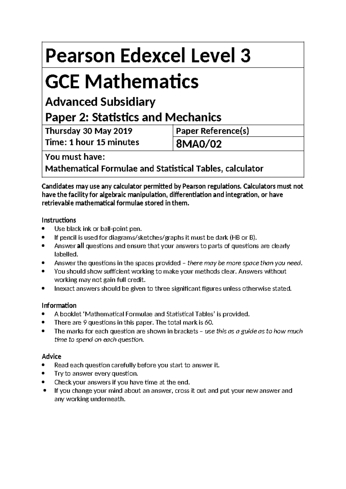 8MA0-32 AS Mechanics - Pearson Edexcel Paper 2 Shadow Exam 2019 - Studocu