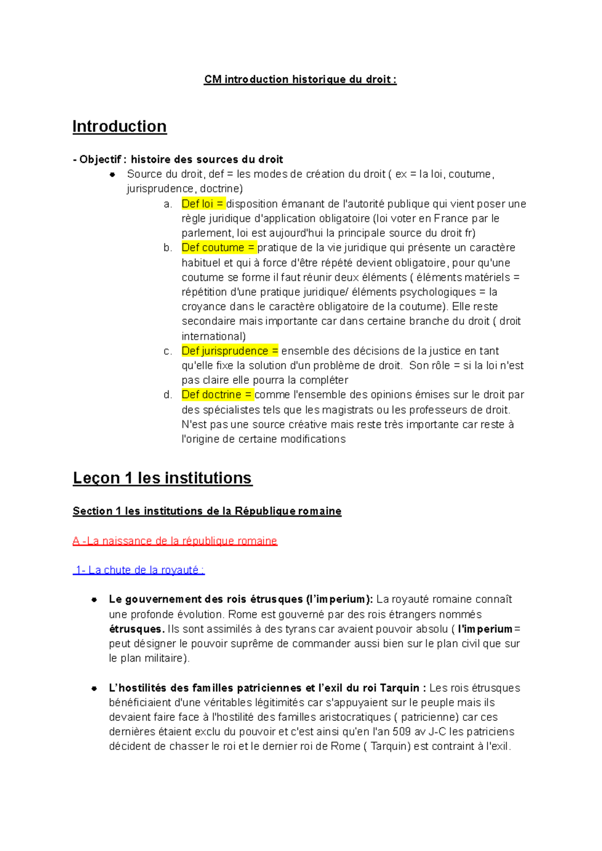 CM Introduction Historique du Droit : Les Sources et Institutions ...