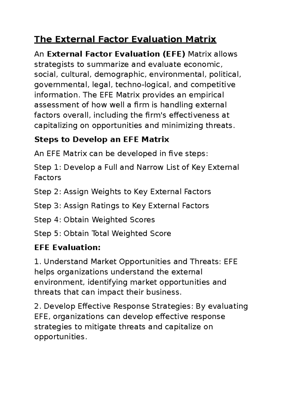 IFE & EFE Matrix Development: Key Steps and Evaluations - Studocu