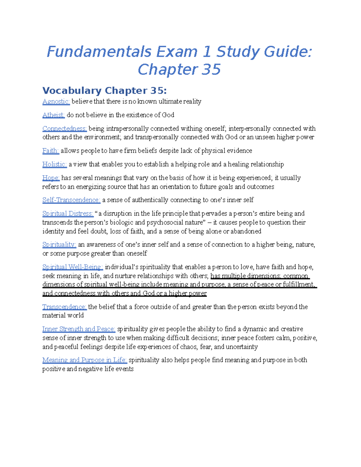 EXAM 1 Fundamentals Chapter 35 Study Guide on Spirituality - Studocu