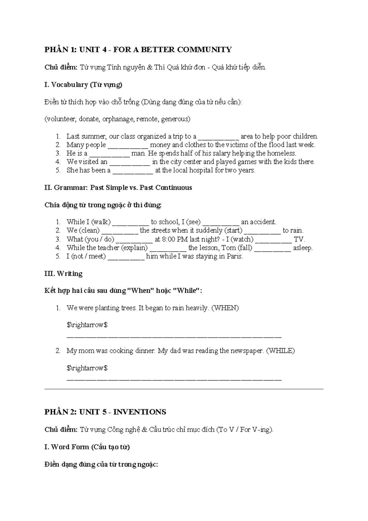 PHẦN 1 & 2: UNIT 4 & 5 VOCABULARY & GRAMMAR NOTES FOR KÌ 1 10 - Studocu
