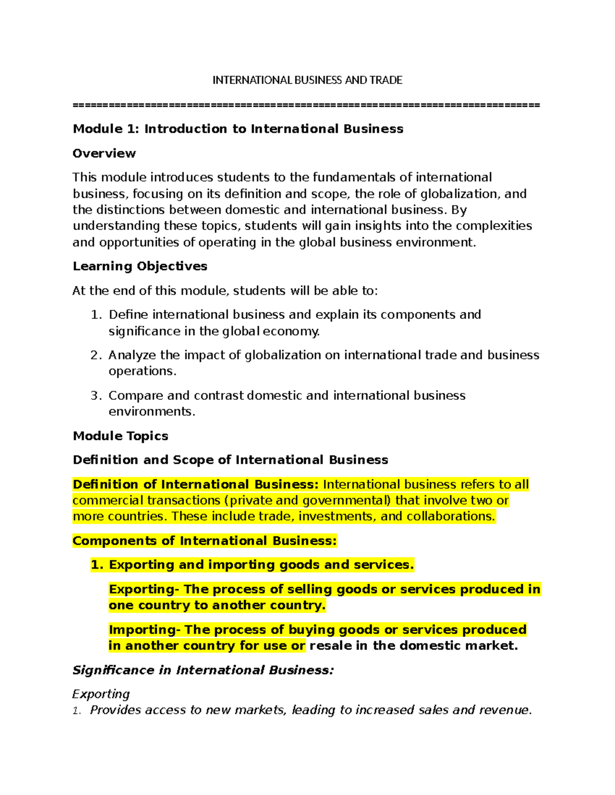 Module-1 - Intro - INTERNATIONAL BUSINESS AND TRADE - Studocu